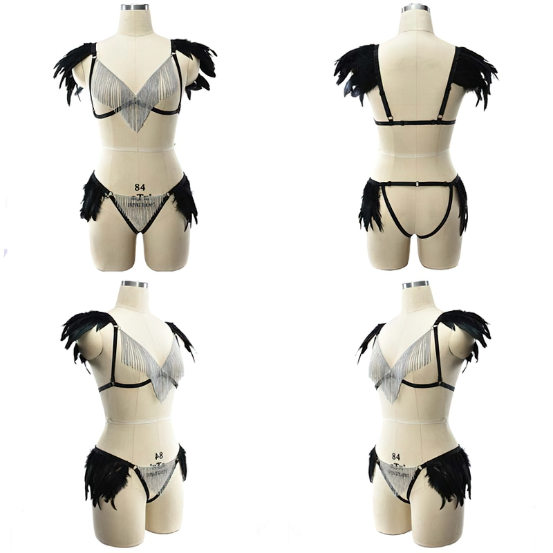 Women's Body Harness With Feather And Metal Tassel / StylishSexy Lingerie Set With Bra And Panties - EVE's SECRETS