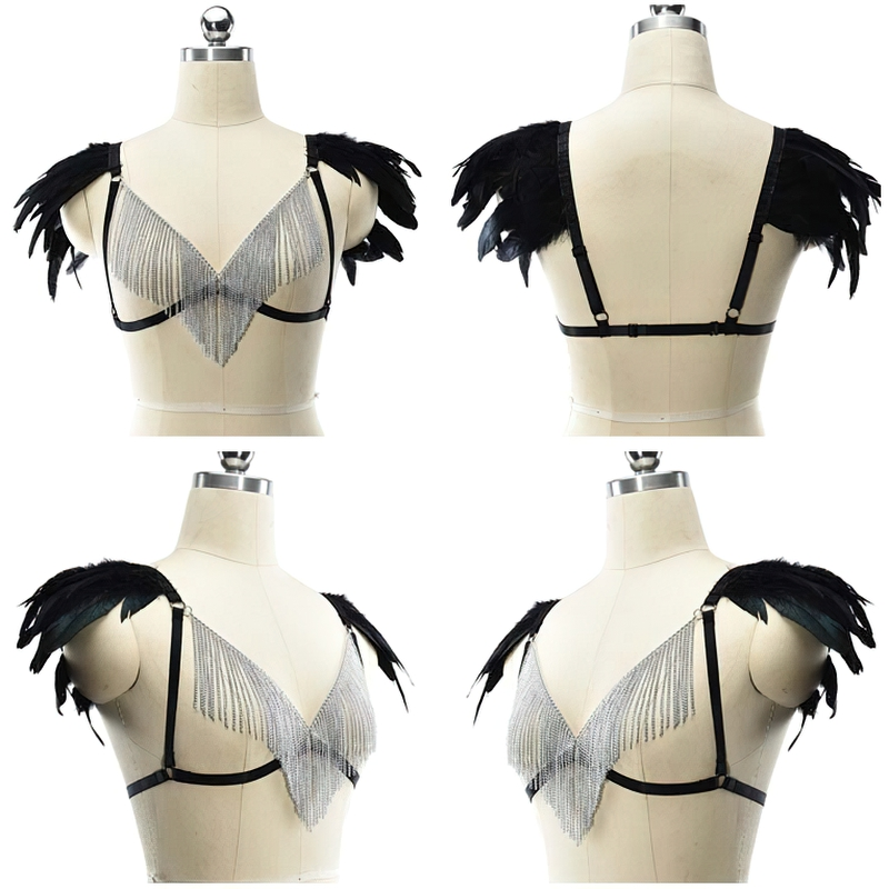 Women's Body Harness With Feather And Metal Tassel / StylishSexy Lingerie Set With Bra And Panties - EVE's SECRETS