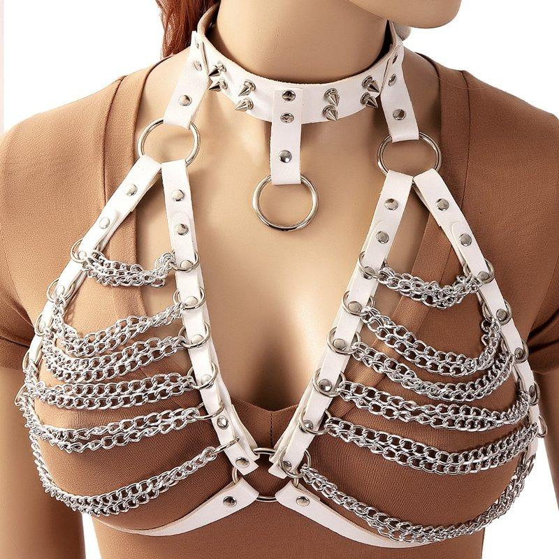 Women's Chest Chain In Fetish Style / PU Leather Body Harness With Metal Spikes - EVE's SECRETS