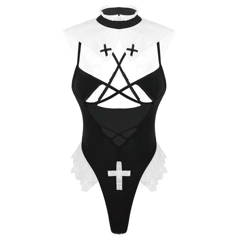 Women's Erotic Neck Collar Maid Costume / Female High Cut Spaghetti Straps Bodysuit Lingerie - EVE's SECRETS