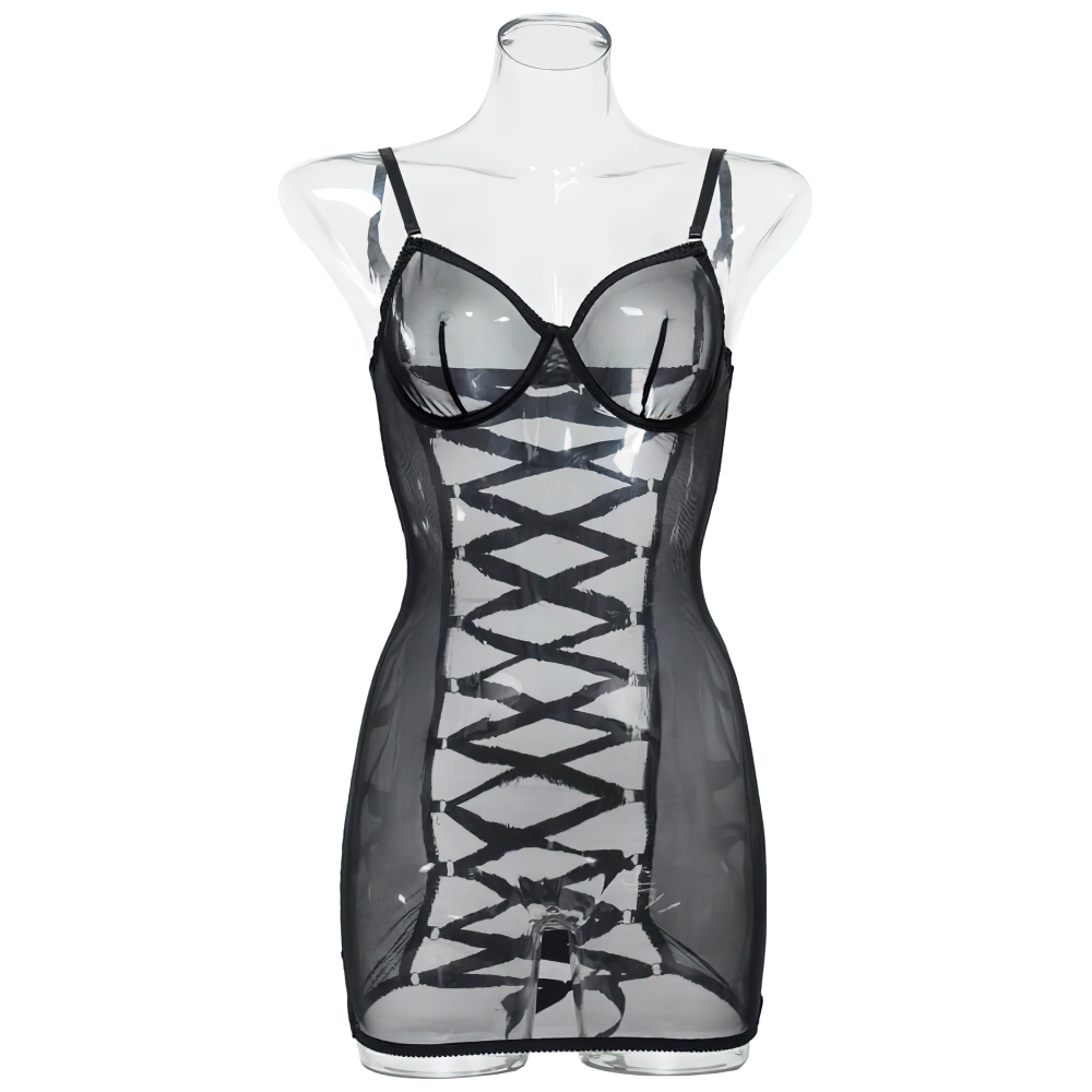 Women's Erotic Transparent Deep Neck Dress / Sexy Lace-up Backless Female Outfits - EVE's SECRETS