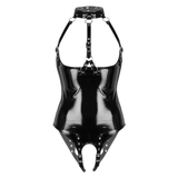 Exotischer Wetlook-Bodysuit für Damen / glänzende Dessous mit offenem Schritt