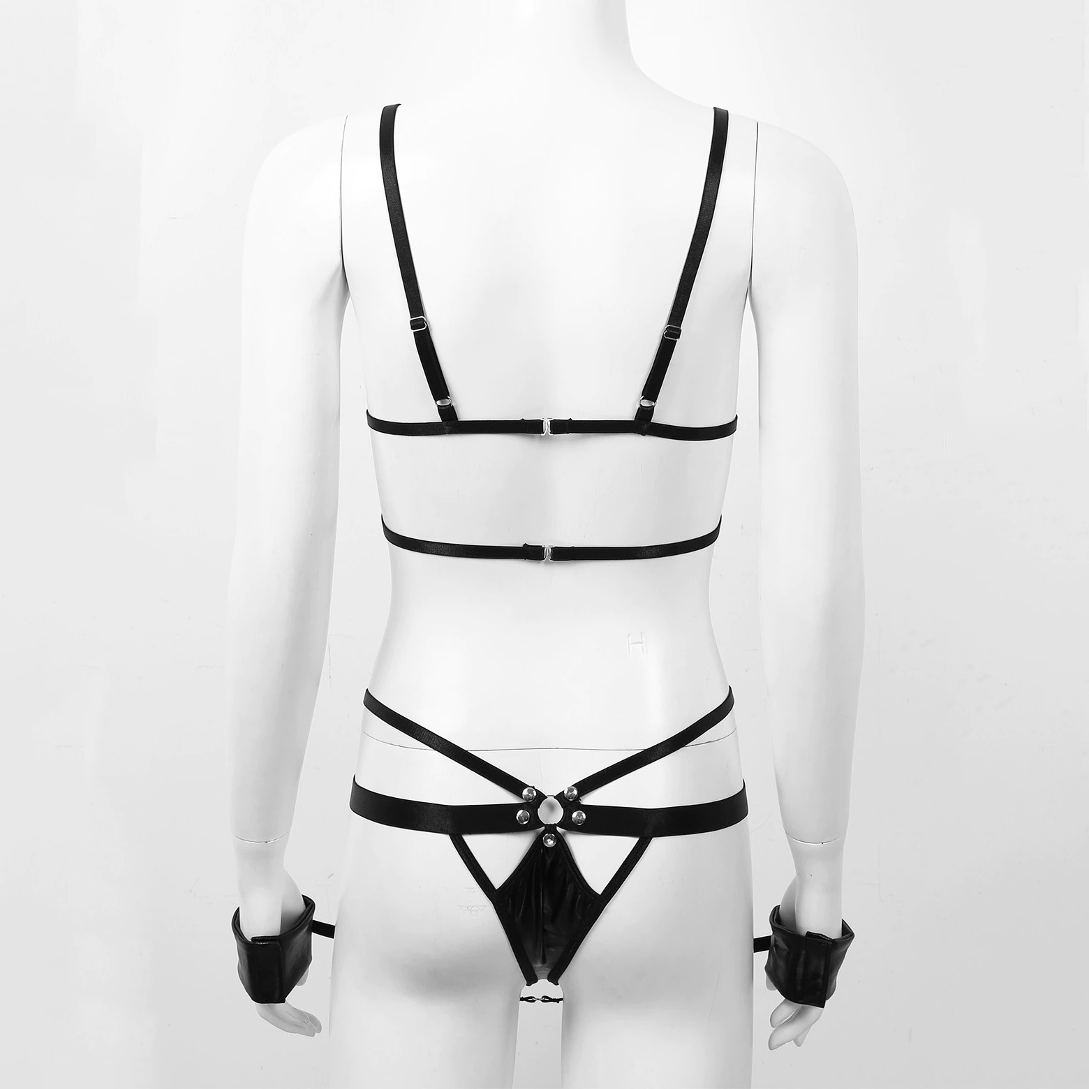 Women's Fetish Set / Hollow Out Bra Top with G-String Thong Briefs and Wrist Cuffs Underwear - EVE's SECRETS