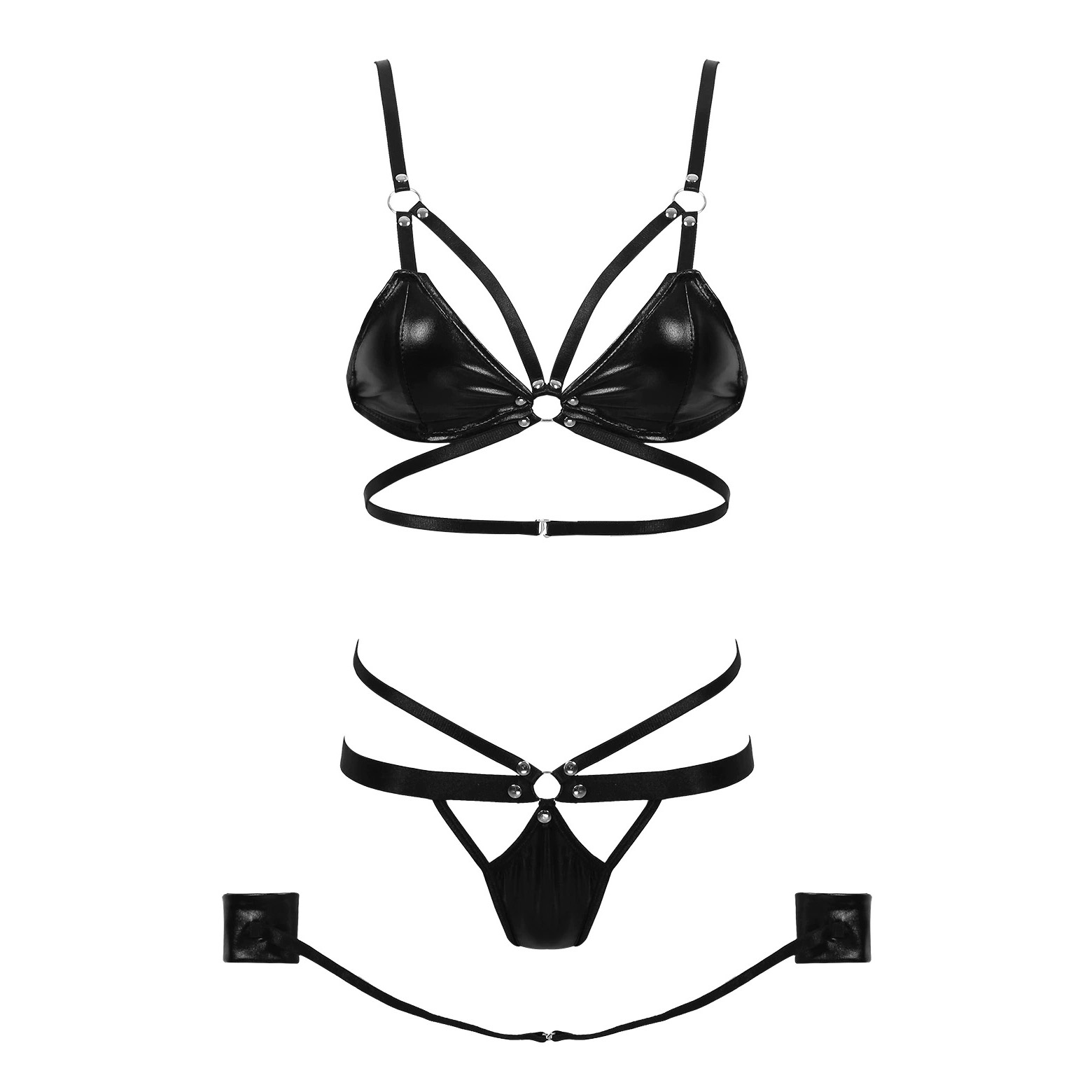 Women's Fetish Set / Hollow Out Bra Top with G-String Thong Briefs and Wrist Cuffs Underwear - EVE's SECRETS