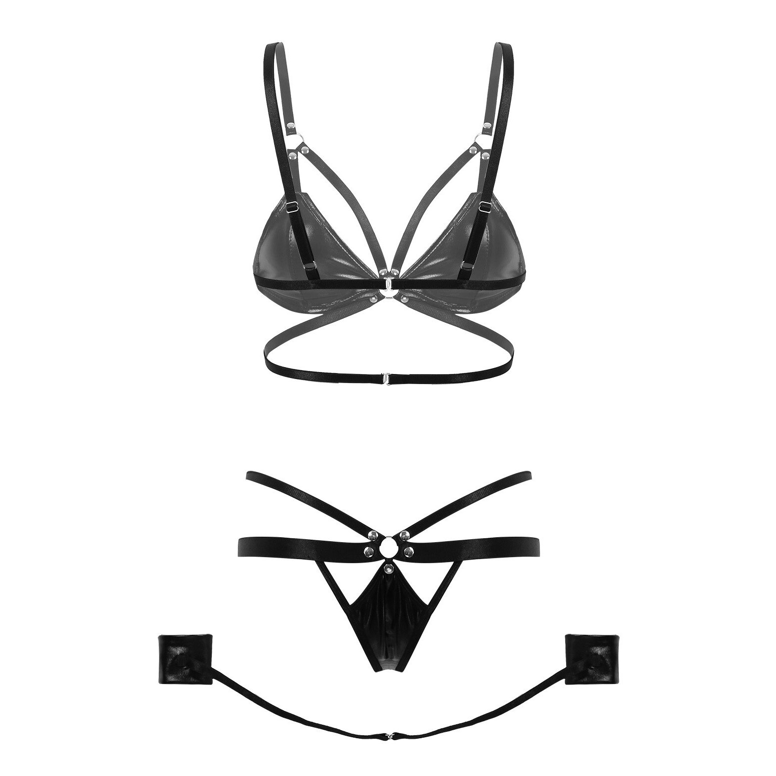Women's Fetish Set / Hollow Out Bra Top with G-String Thong Briefs and Wrist Cuffs Underwear - EVE's SECRETS