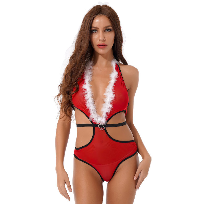 Women's Halter See-Through Mesh Bodysuit / Christmas Plunging Neckline Cutout Costume - EVE's SECRETS