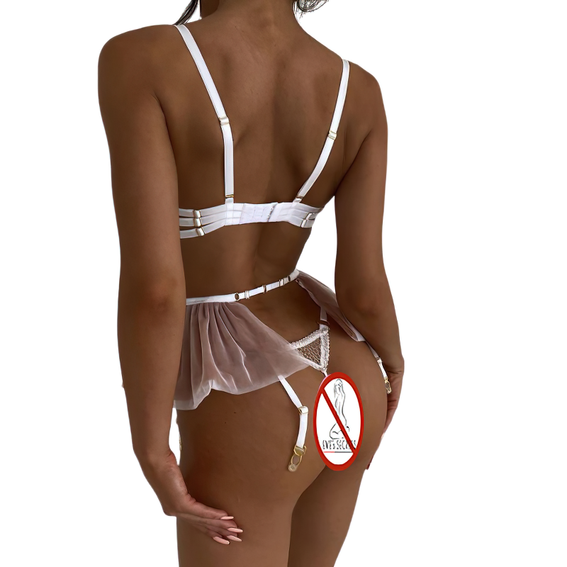 Women's Luxury Lace and Ruffled Set 3-Piece / Erotic Lingerie of Sexy Bra, panty & Garter Belt - EVE's SECRETS