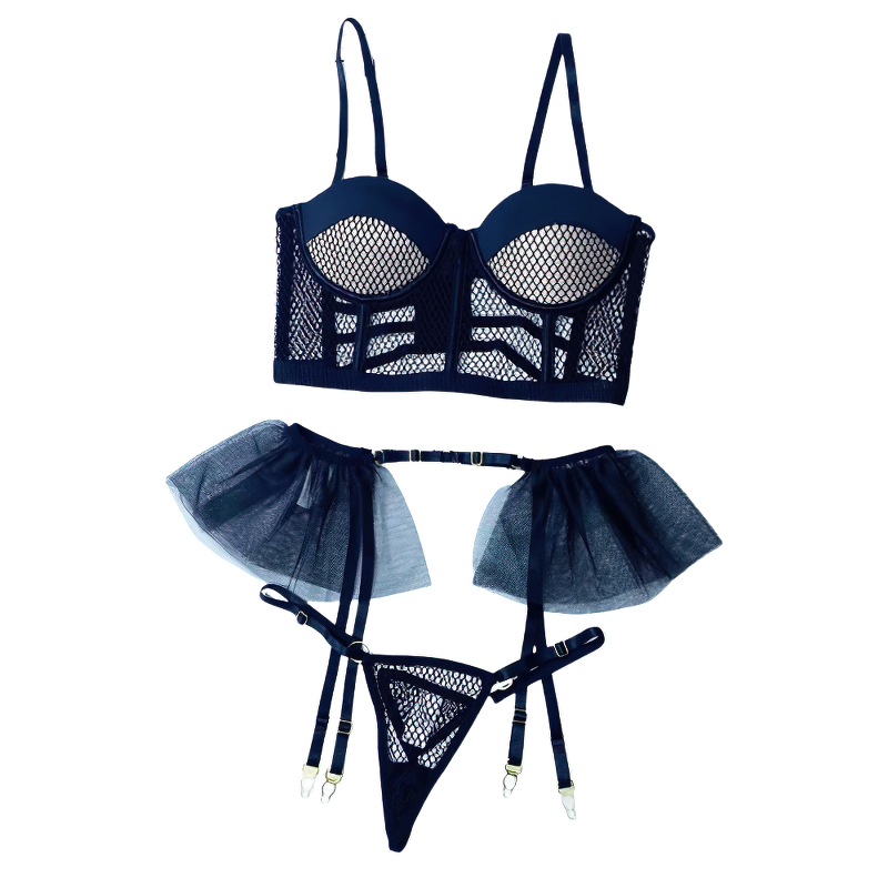 Women's Luxury Lace and Ruffled Set 3-Piece / Erotic Lingerie of Sexy Bra, panty & Garter Belt - EVE's SECRETS