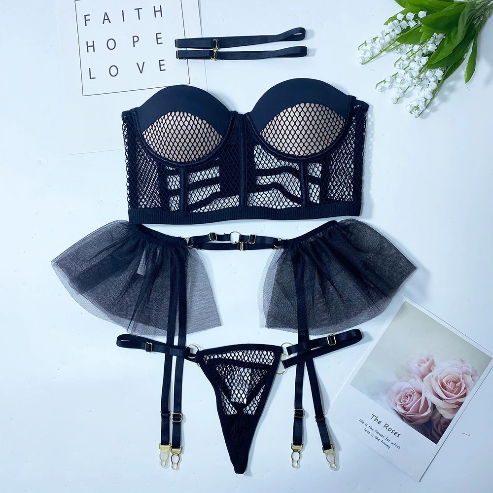 Women's Luxury Lace and Ruffled Set 3-Piece / Erotic Lingerie of Sexy Bra, panty & Garter Belt - EVE's SECRETS