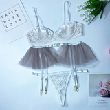 Women's Luxury Lace and Ruffled Set 3-Piece / Erotic Lingerie of Sexy Bra, panty & Garter Belt - EVE's SECRETS