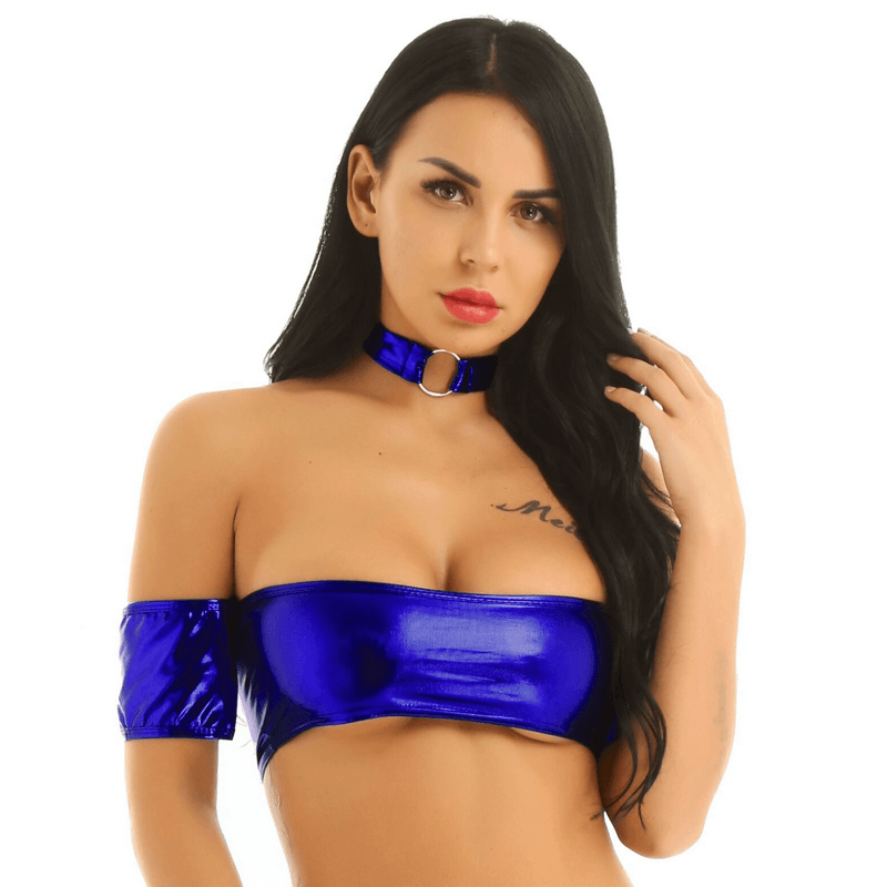 Women's Pole Dance Tube Bra / Shiny Strapless Top with O-Ring Choker / Female Sexy Outfits - EVE's SECRETS