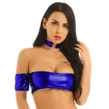 Women's Pole Dance Tube Bra / Shiny Strapless Top with O-Ring Choker / Female Sexy Outfits - EVE's SECRETS