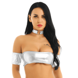 Women's Pole Dance Tube Bra / Shiny Strapless Top with O-Ring Choker / Female Sexy Outfits - EVE's SECRETS