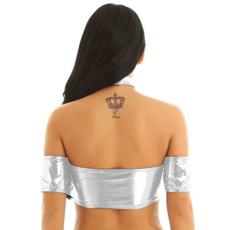 Women's Pole Dance Tube Bra / Shiny Strapless Top with O-Ring Choker / Female Sexy Outfits - EVE's SECRETS