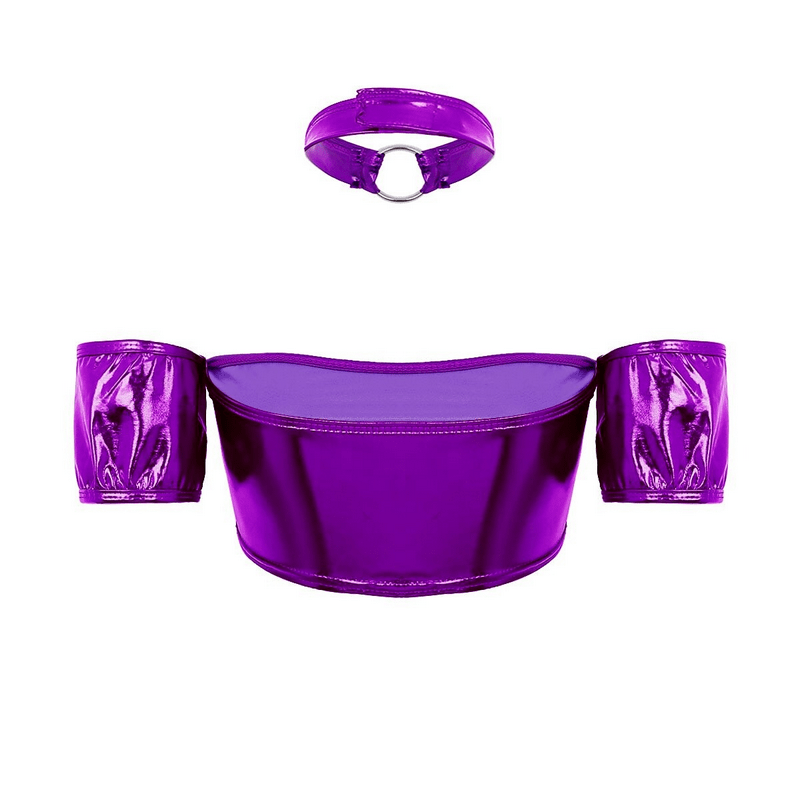 Women's Pole Dance Tube Bra / Shiny Strapless Top with O-Ring Choker / Female Sexy Outfits - EVE's SECRETS