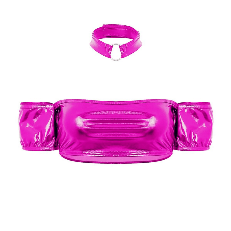 Women's Pole Dance Tube Bra / Shiny Strapless Top with O-Ring Choker / Female Sexy Outfits - EVE's SECRETS