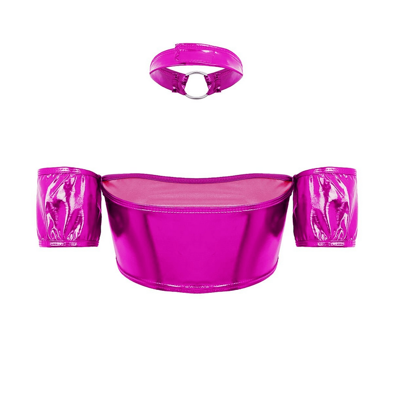 Women's Pole Dance Tube Bra / Shiny Strapless Top with O-Ring Choker / Female Sexy Outfits - EVE's SECRETS
