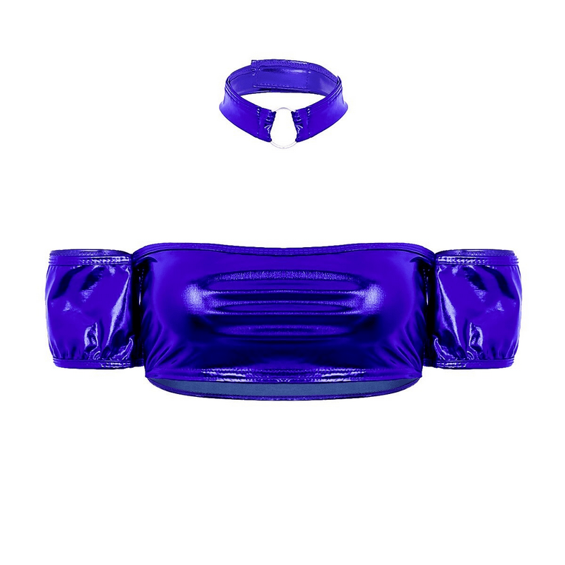 Women's Pole Dance Tube Bra / Shiny Strapless Top with O-Ring Choker / Female Sexy Outfits - EVE's SECRETS