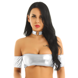 Women's Pole Dance Shiny Strapless Clubwear / Sexy Female Tank Tops with Collar Choker Necklace - EVE's SECRETS