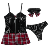 Women's PU Leather Schoolgirl Costume / Adult Lace Up Pleated Plaid Mini Dress / Sexy Costume - EVE's SECRETS