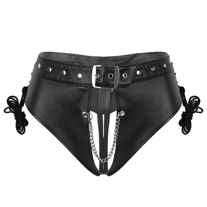 Women's PU Leather Sexy Briefs with Chain / Stylish Lace-Up Lingerie with Open Crotch - EVE's SECRETS