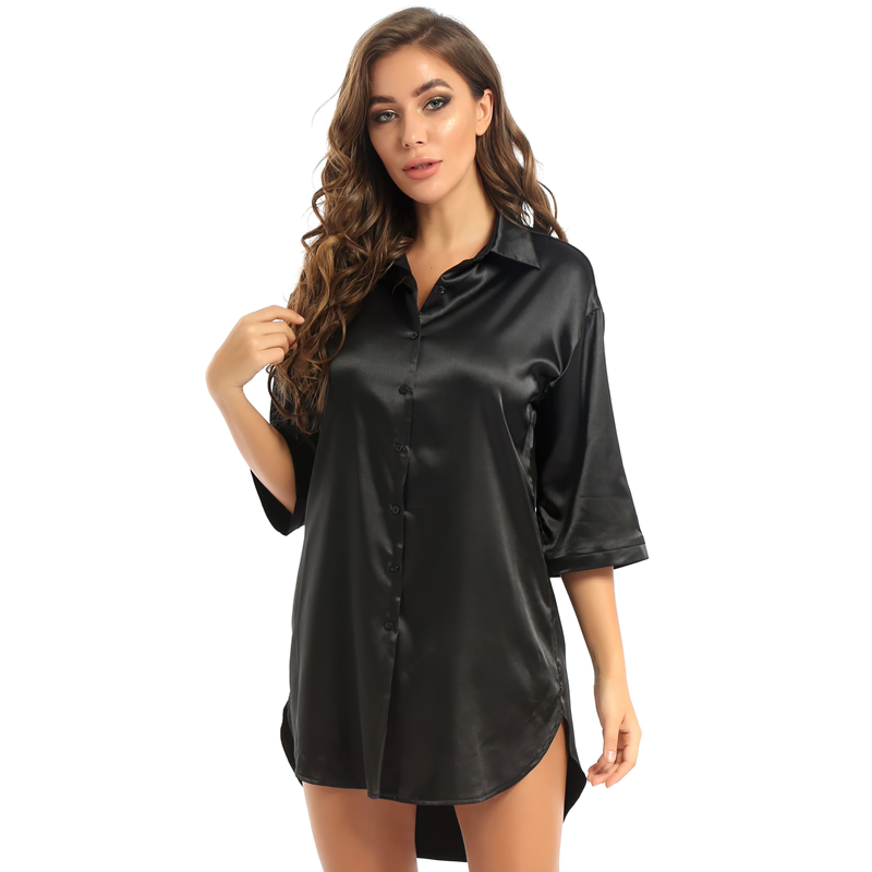 Women's Satin Sleepwear Nightshirt / Solid Color Ladies Nightdress Sleepshirt - EVE's SECRETS