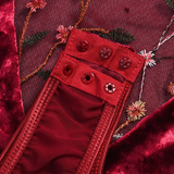 Women's Sexy Bodysuit with Floral Embroidery / Female Erotic Velvet Outfits in Burgundy Color - EVE's SECRETS