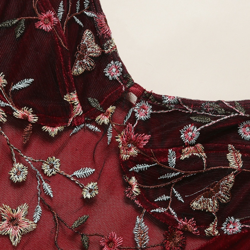 Women's Sexy Bodysuit with Floral Embroidery / Female Erotic Velvet Outfits in Burgundy Color - EVE's SECRETS