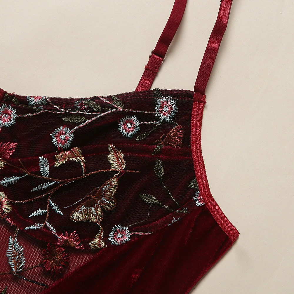 Women's Sexy Bodysuit with Floral Embroidery / Female Erotic Velvet Outfits in Burgundy Color - EVE's SECRETS