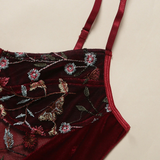 Women's Sexy Bodysuit with Floral Embroidery / Female Erotic Velvet Outfits in Burgundy Color - EVE's SECRETS