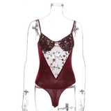 Women's Sexy Bodysuit with Floral Embroidery / Female Erotic Velvet Outfits in Burgundy Color - EVE's SECRETS