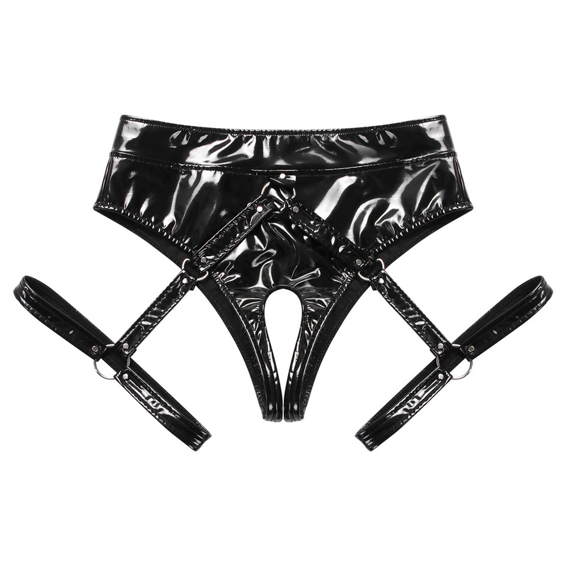 Women's Sexy Crotchless Panties with Leg Harness / BDSM Style Wet Look Lingerie - EVE's SECRETS