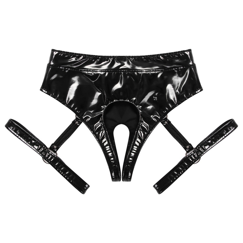 Women's Sexy Crotchless Panties with Leg Harness / BDSM Style Wet Look Lingerie - EVE's SECRETS
