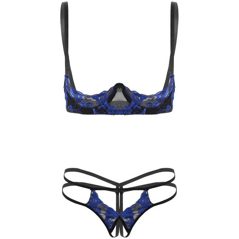 Womens Sexy Lace Lingerie Set / Exposed Breasts Underwire Bra Top with Crotchless - EVE's SECRETS