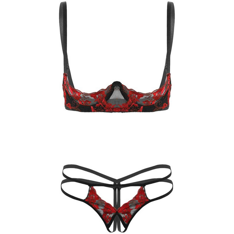 Womens Sexy Lace Lingerie Set / Exposed Breasts Underwire Bra Top with Crotchless - EVE's SECRETS
