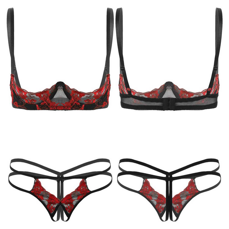 Womens Sexy Lace Lingerie Set / Exposed Breasts Underwire Bra Top with Crotchless - EVE's SECRETS