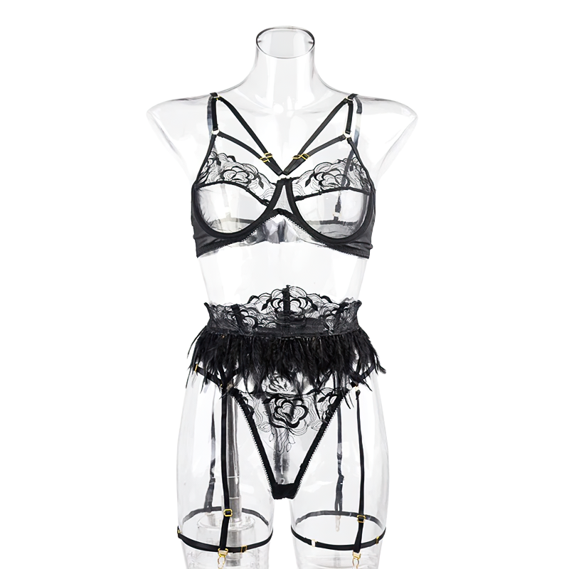 Women's Sexy Lingerie Underwear with Feather / Exotic Lace Female Apparel with Garters and Bra Set - EVE's SECRETS