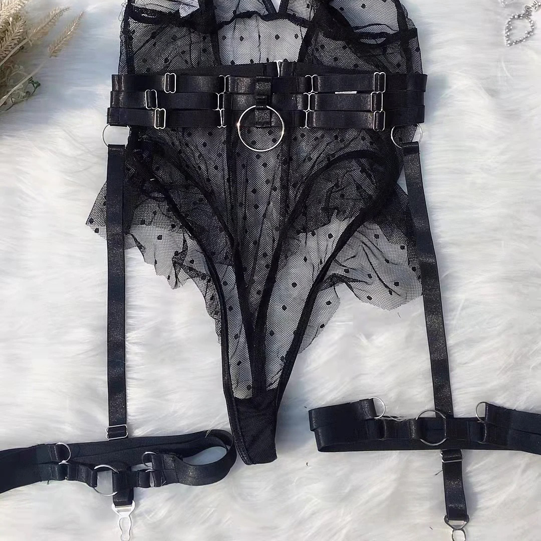 Women's Sexy Polka Dot Bodysuit with Belt and Leg Harness / Sheer Tempting Erotic Outfits - EVE's SECRETS