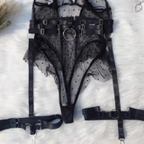 Women's Sexy Polka Dot Bodysuit with Belt and Leg Harness / Sheer Tempting Erotic Outfits - EVE's SECRETS