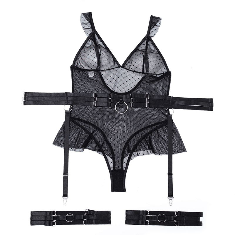 Women's Sexy Polka Dot Bodysuit with Belt and Leg Harness / Sheer Tempting Erotic Outfits - EVE's SECRETS