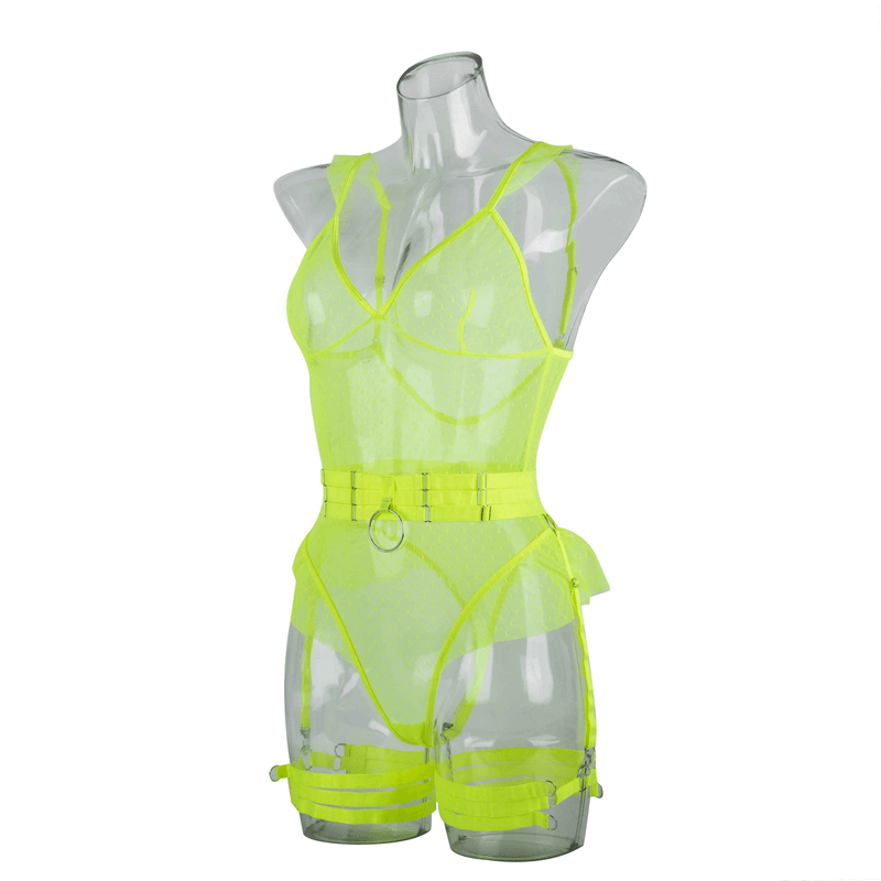 Women's Sexy Polka Dot Bodysuit with Belt and Leg Harness / Sheer Tempting Erotic Outfits - EVE's SECRETS