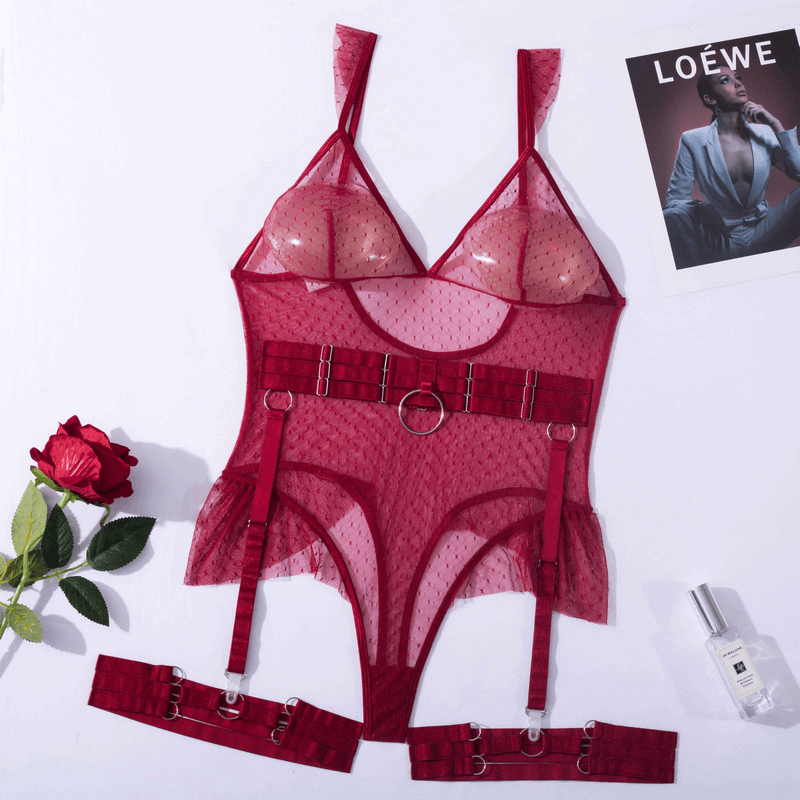 Women's Sexy Polka Dot Bodysuit with Belt and Leg Harness / Sheer Tempting Erotic Outfits - EVE's SECRETS
