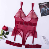 Women's Sexy Polka Dot Bodysuit with Belt and Leg Harness / Sheer Tempting Erotic Outfits - EVE's SECRETS