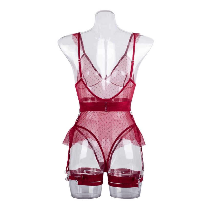 Women's Sexy Polka Dot Bodysuit with Belt and Leg Harness / Sheer Tempting Erotic Outfits - EVE's SECRETS