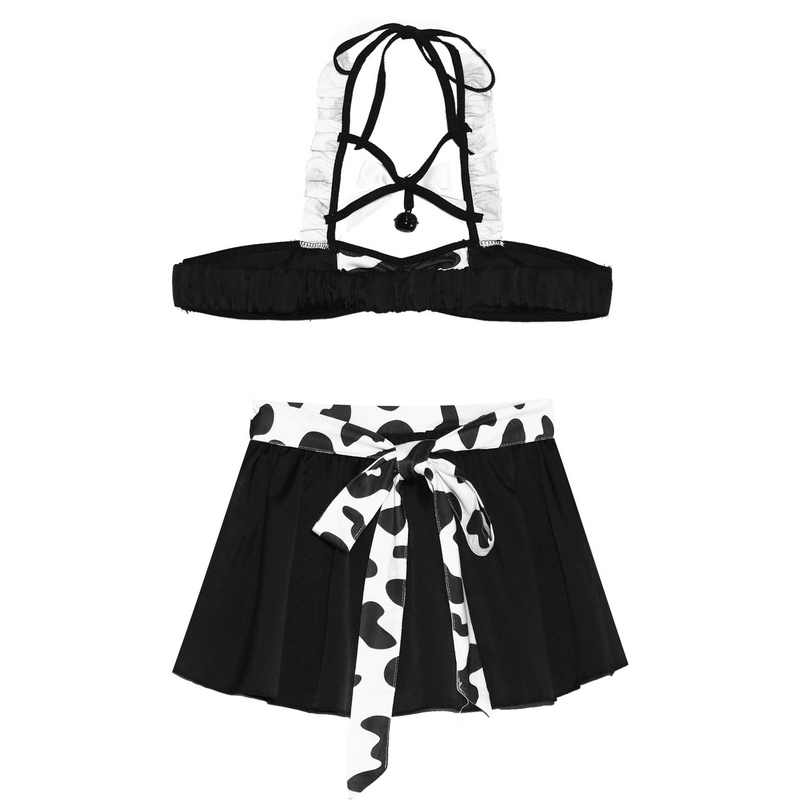 Women's Sexy Printed Role Play Costume / Exotic Maid Lace-Up Bra Top with Ruffle Mini Skirt - EVE's SECRETS