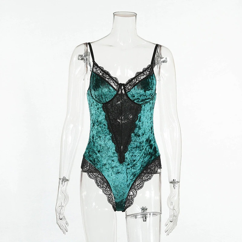 Women's Sexy Velvet Bodysuit in Two Colors / Wireless Bodycon Teddy with Lace / Erotic Outfits - EVE's SECRETS