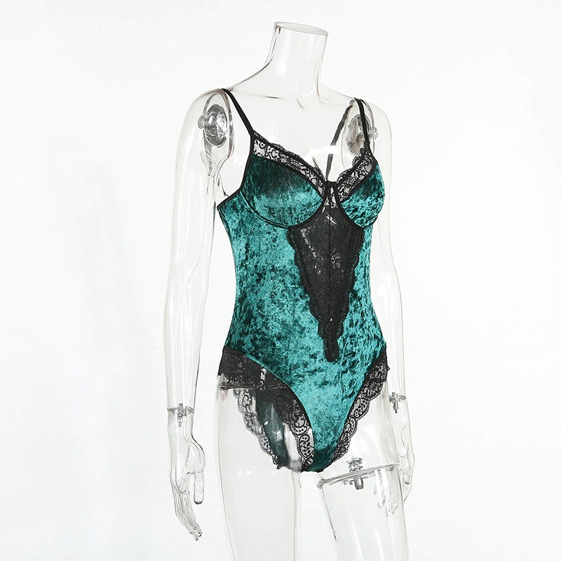 Women's Sexy Velvet Bodysuit in Two Colors / Wireless Bodycon Teddy with Lace / Erotic Outfits - EVE's SECRETS