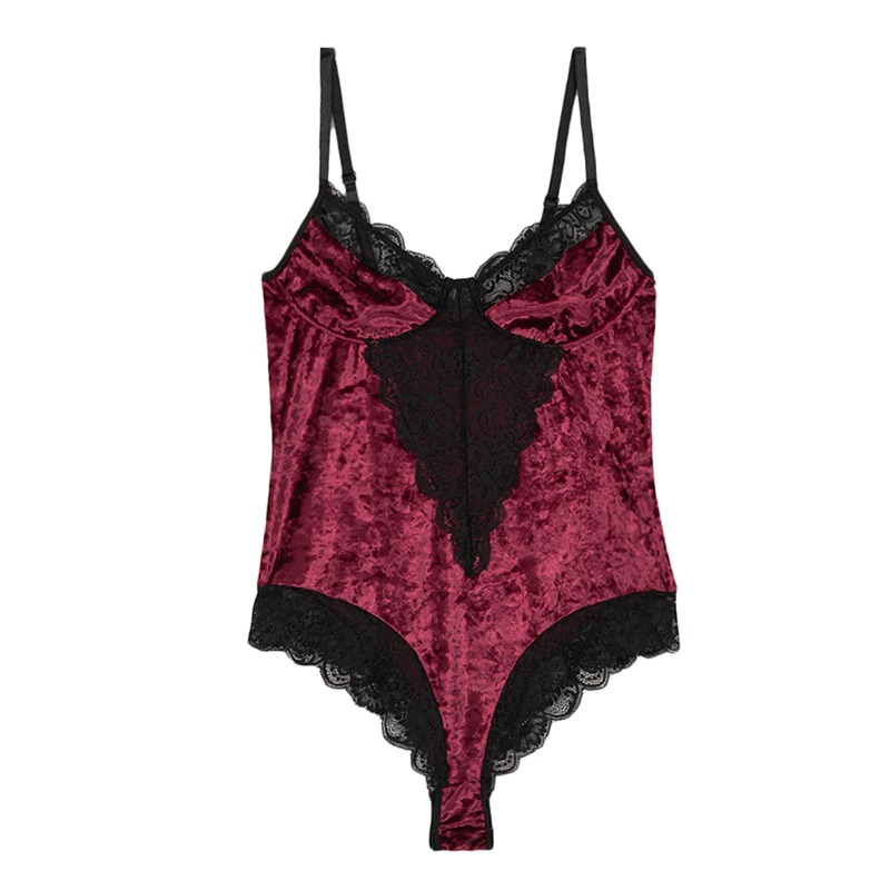 Women's Sexy Velvet Bodysuit in Two Colors / Wireless Bodycon Teddy with Lace / Erotic Outfits - EVE's SECRETS