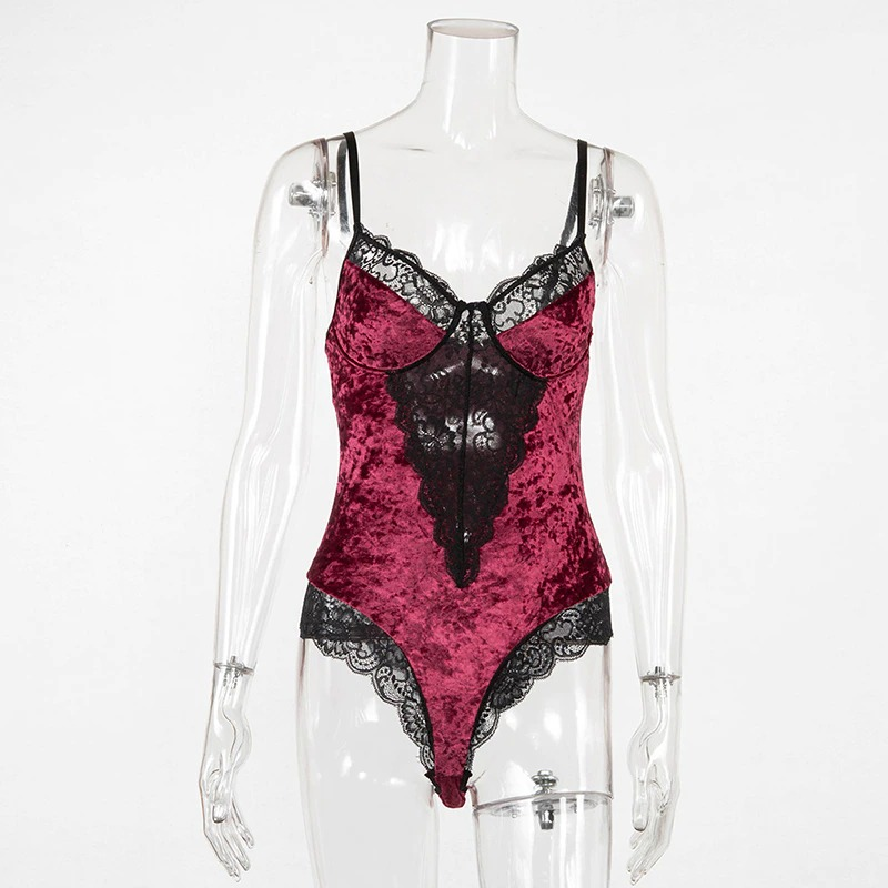 Women's Sexy Velvet Bodysuit in Two Colors / Wireless Bodycon Teddy with Lace / Erotic Outfits - EVE's SECRETS