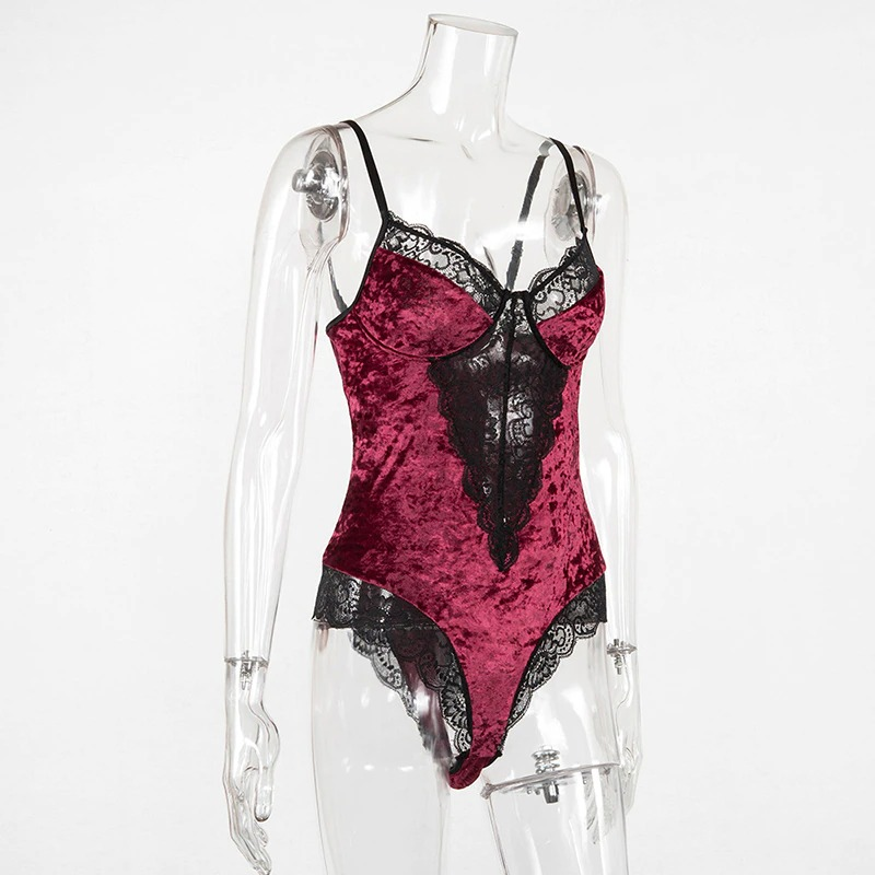 Women's Sexy Velvet Bodysuit in Two Colors / Wireless Bodycon Teddy with Lace / Erotic Outfits - EVE's SECRETS